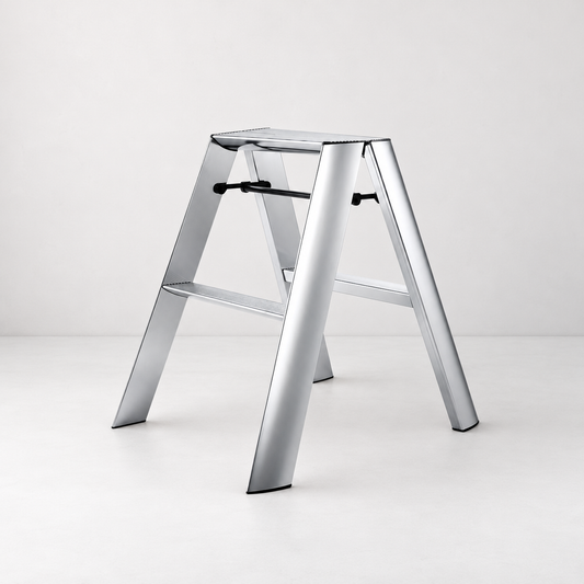 Silver Hasegawa Lucano 2-step ladder in aluminum and steel with a sleek, minimalist design and black safety bar.