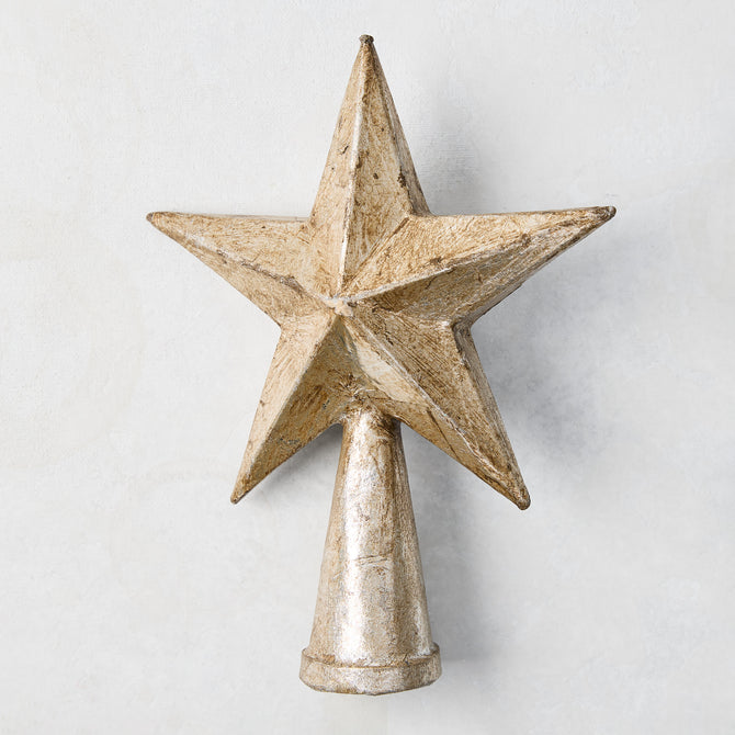 8-inch antique silver papier-mâché five-pointed star Christmas tree topper with a conical base.