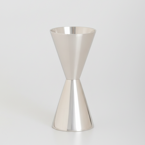HG Silverplate Double Jigger, a sleek, gleaming two-sided measuring tool for cocktails.