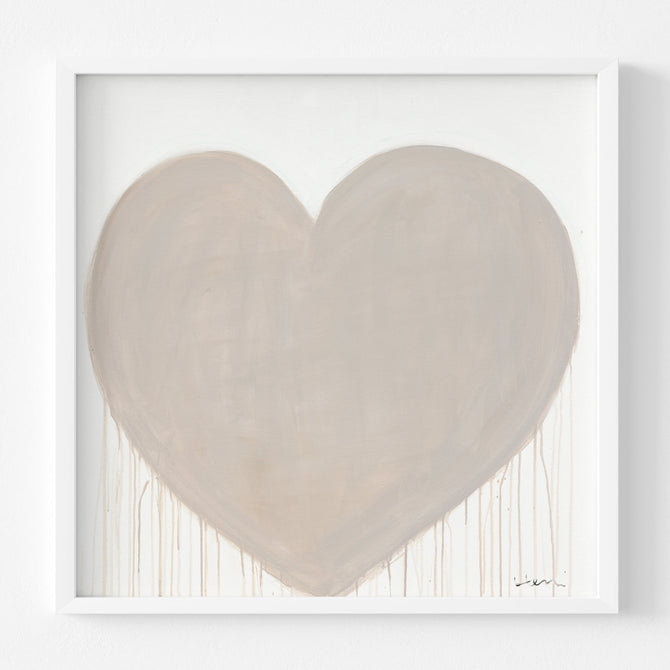 Kerri Rosenthal Simple Kinda Love art print: neutral beige tan drippy heart on white, framed in white.