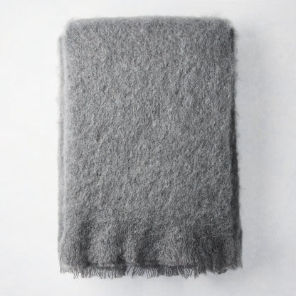 Folded slate grey mohair throw blanket, 72"L x 51"W, with a soft, shaggy texture and fringed edge.