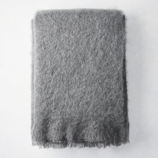 Folded slate grey mohair throw blanket, 72"L x 51"W, with a soft, shaggy texture and fringed edge.