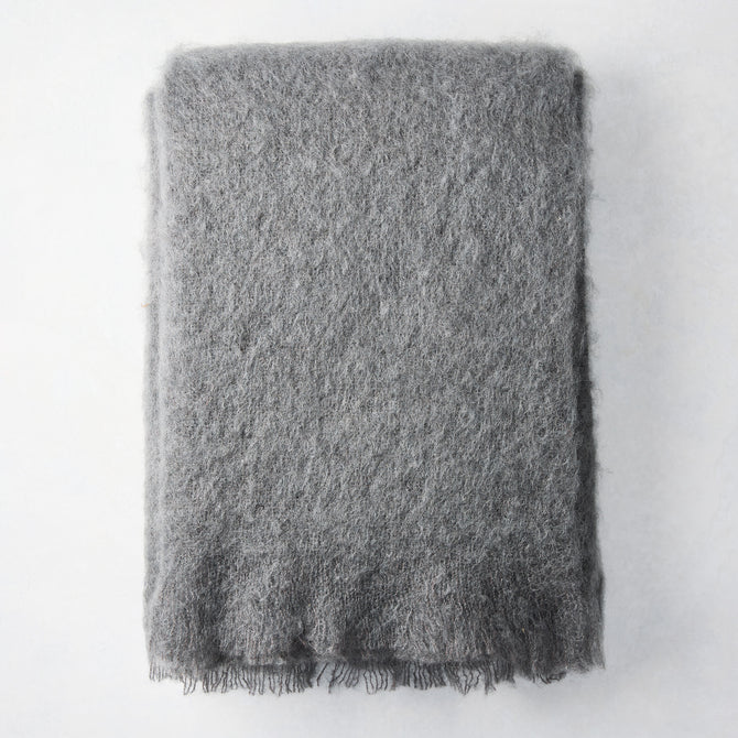 Folded slate grey mohair throw blanket, 72"L x 51"W, with a soft, shaggy texture and fringed edge.