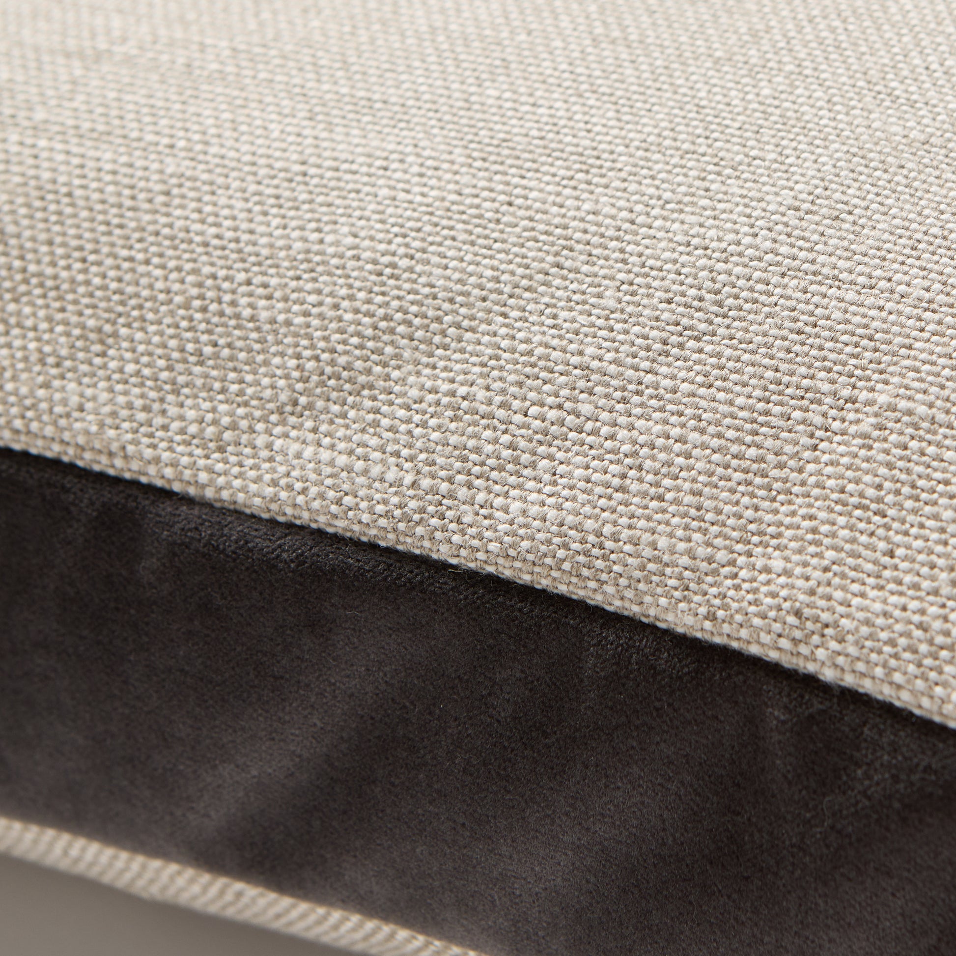 Close-up of a Slate Grey Velvet Gusseted and Linen Square Pillow, 22" square.