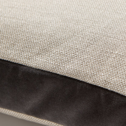 Close-up of a Slate Grey Velvet Gusseted and Linen Square Pillow, 22" square.