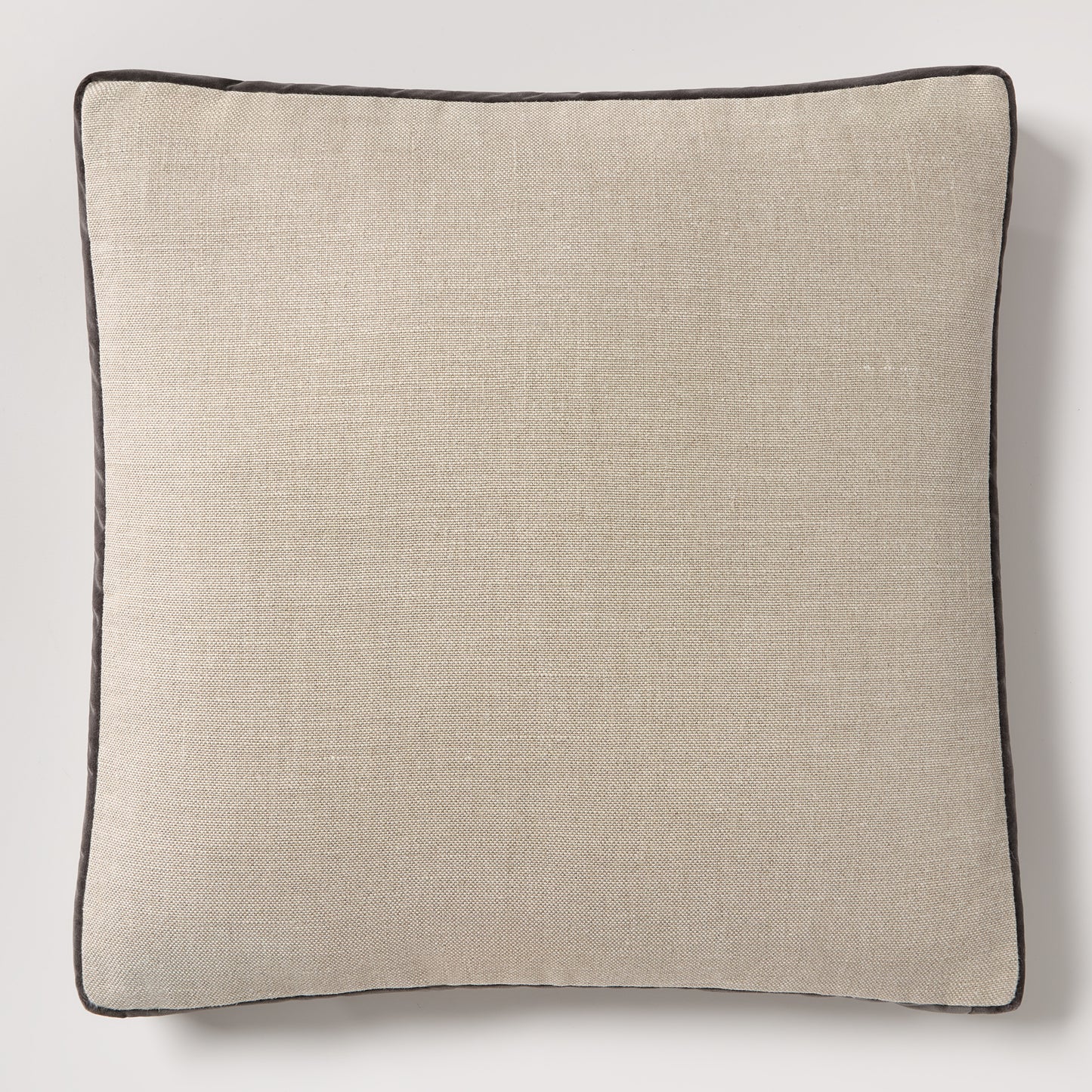 Slate grey velvet and flax linen square pillow with dark piping, 22" square.