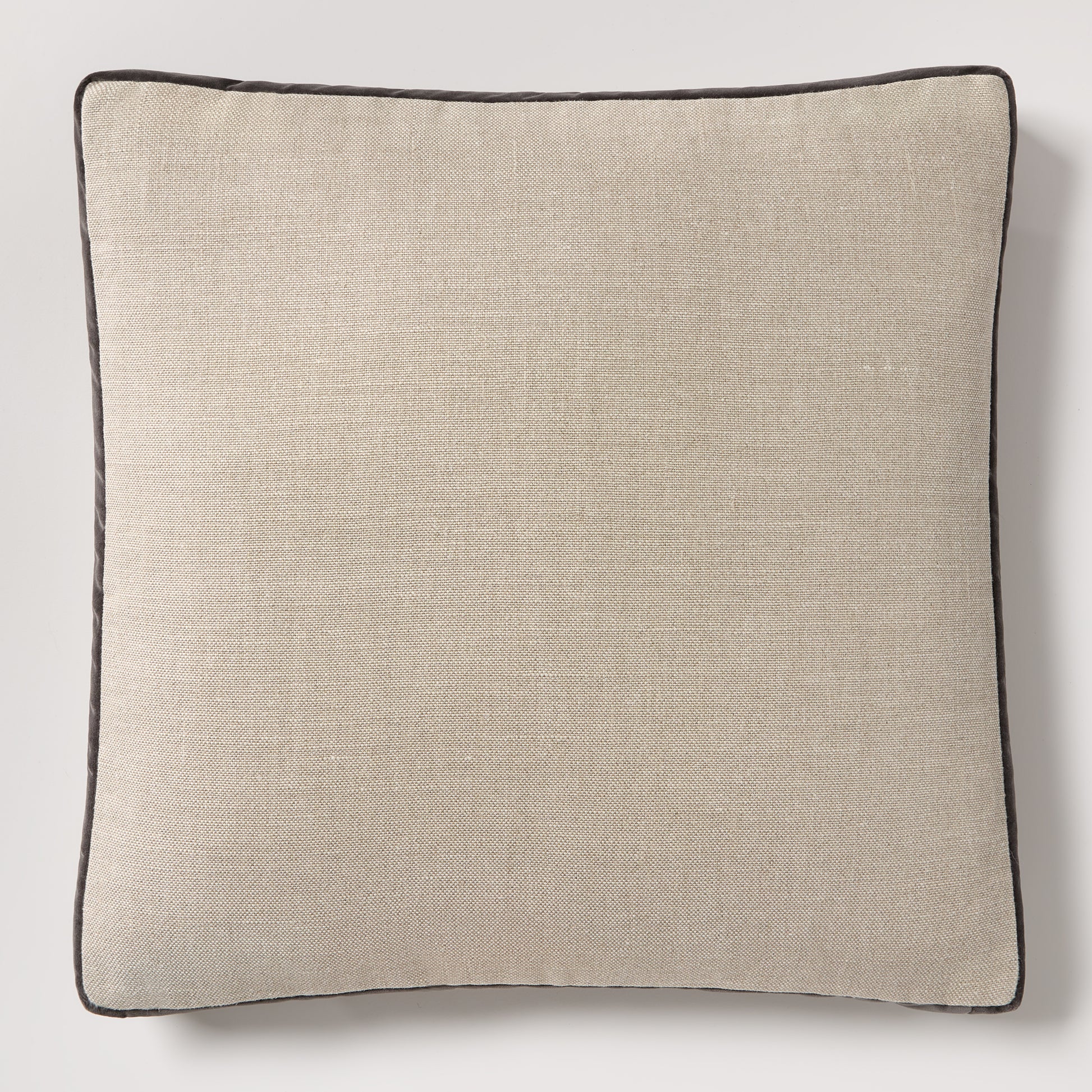 Slate grey velvet and flax linen square pillow with dark piping, 22" square.
