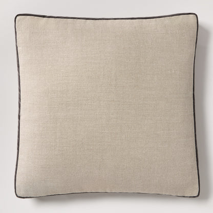 Slate grey velvet and flax linen square pillow with dark piping, 22" square.