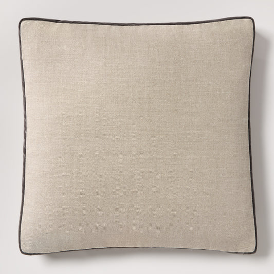 Slate grey velvet and flax linen square pillow with dark piping, 22" square.