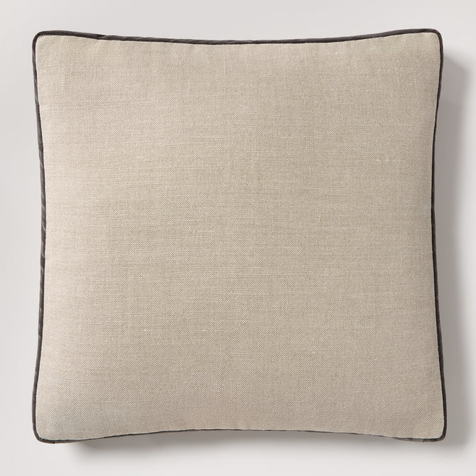 Slate grey velvet and flax linen square pillow with dark piping, 22" square.