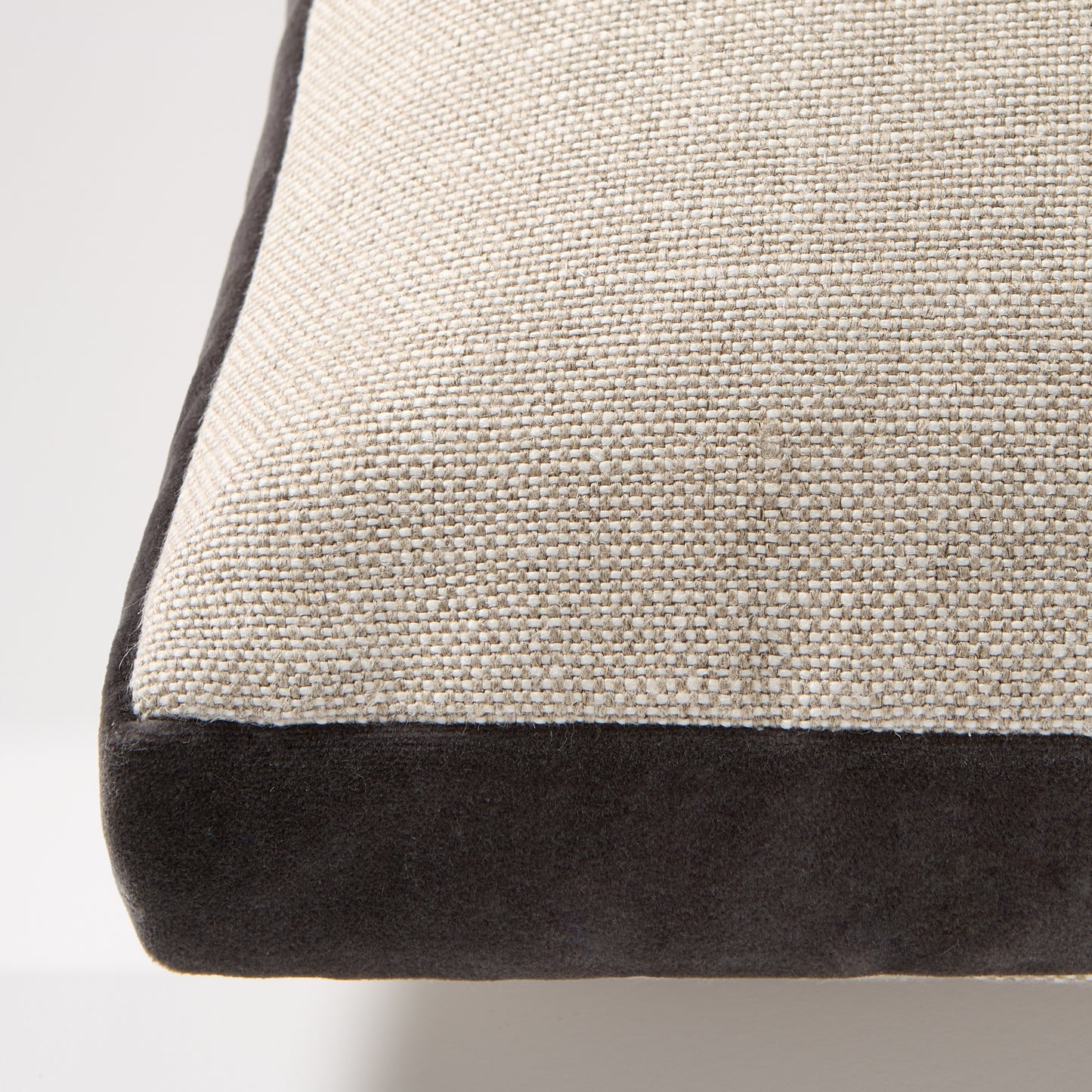 Slate grey velvet and flax linen lumbar pillow with gusset.