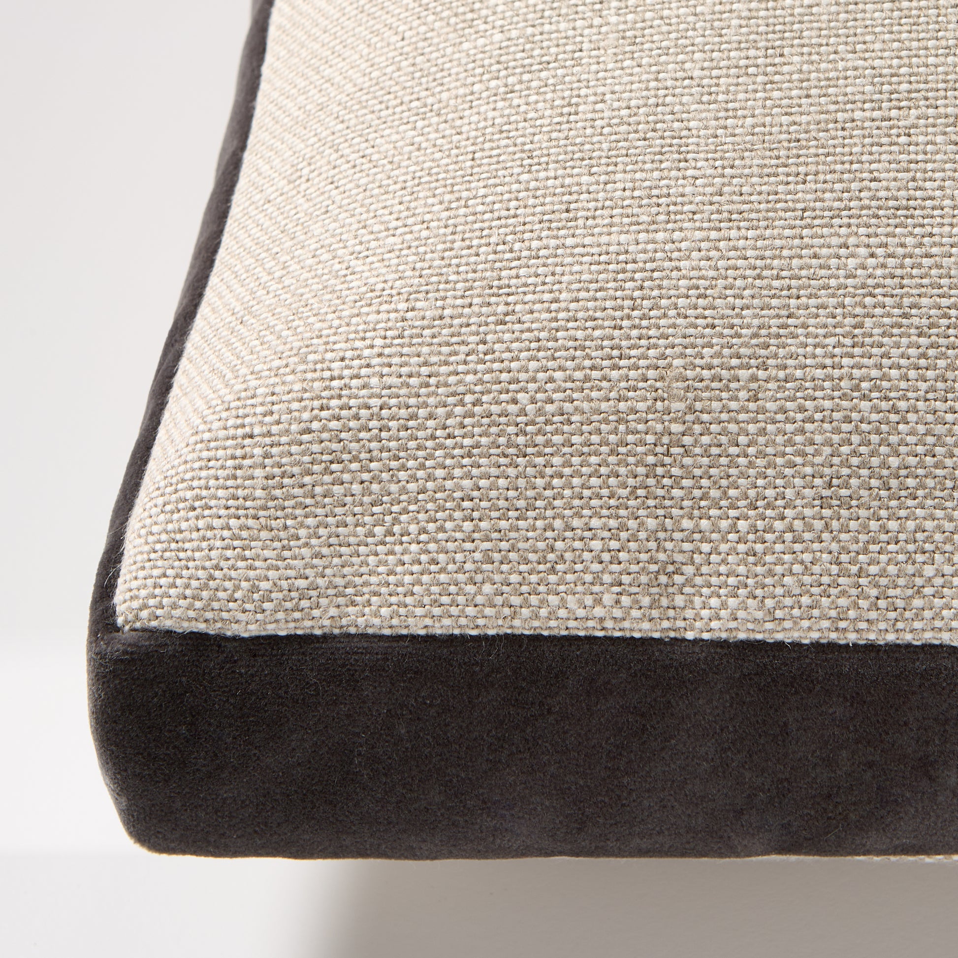 Slate grey velvet and flax linen lumbar pillow with gusset.