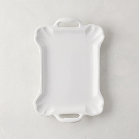 Small Alessia white ceramic handled serving platter with a delicate, vintage-inspired design and detailed edge.