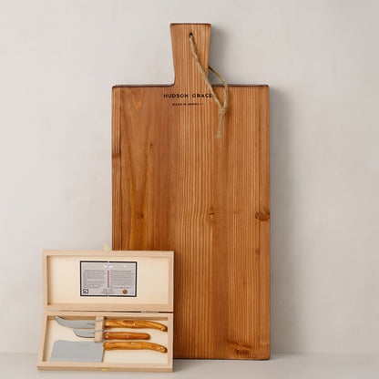 Hudson Grace Small Farmtable Wood Serving Plank with Olive Wood Cheese Knife trio in a gift box.