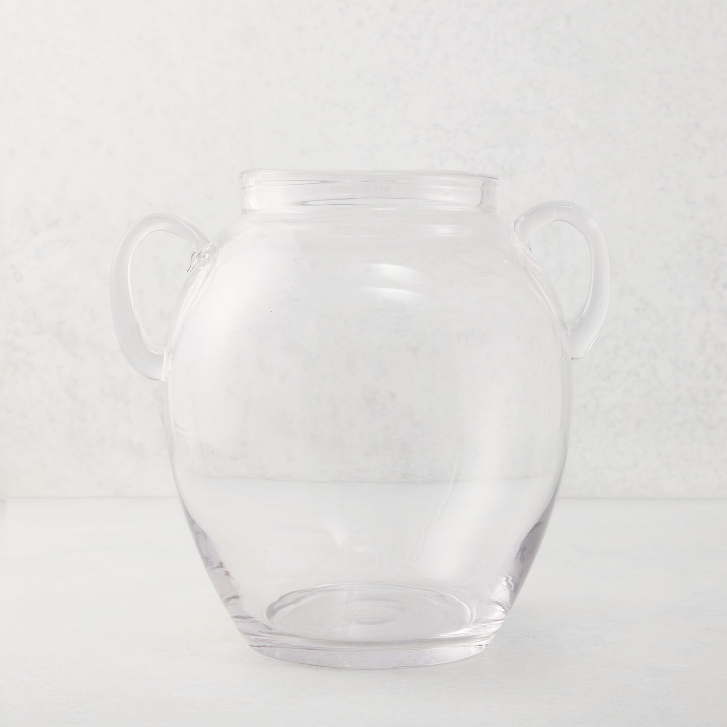 Small clear recycled glass confit vase with decorative handles, 8"Dia x 9"H.