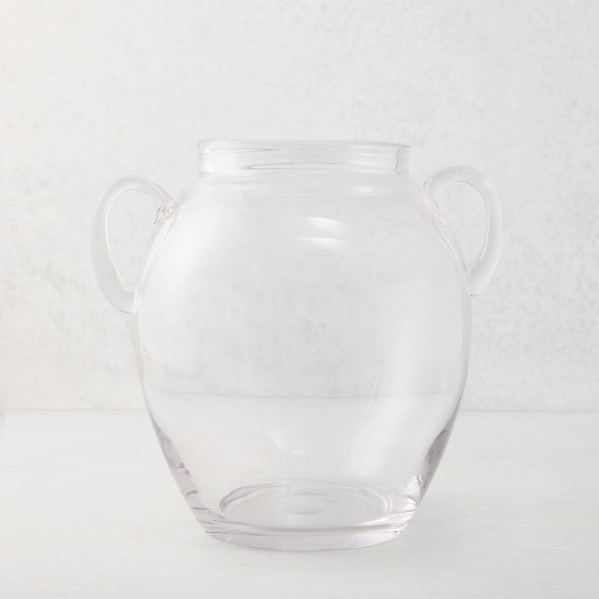 Small clear recycled glass confit vase with decorative handles, 8"Dia x 9"H.