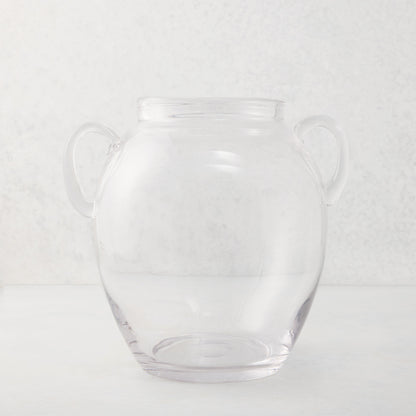 Small clear recycled glass confit vase with decorative handles, 8"Dia x 9"H.