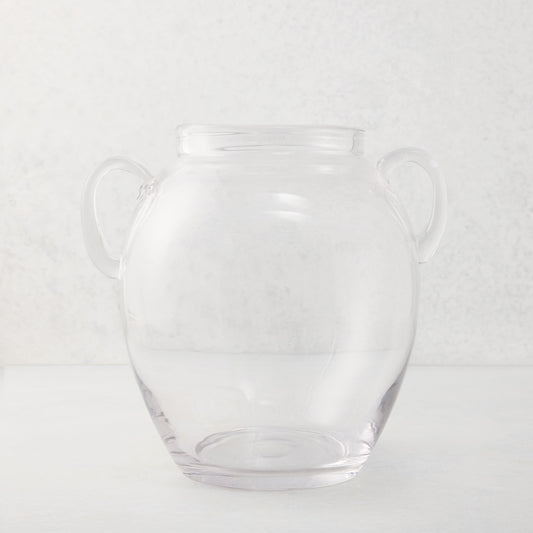 Small clear recycled glass confit vase with decorative handles, 8"Dia x 9"H.