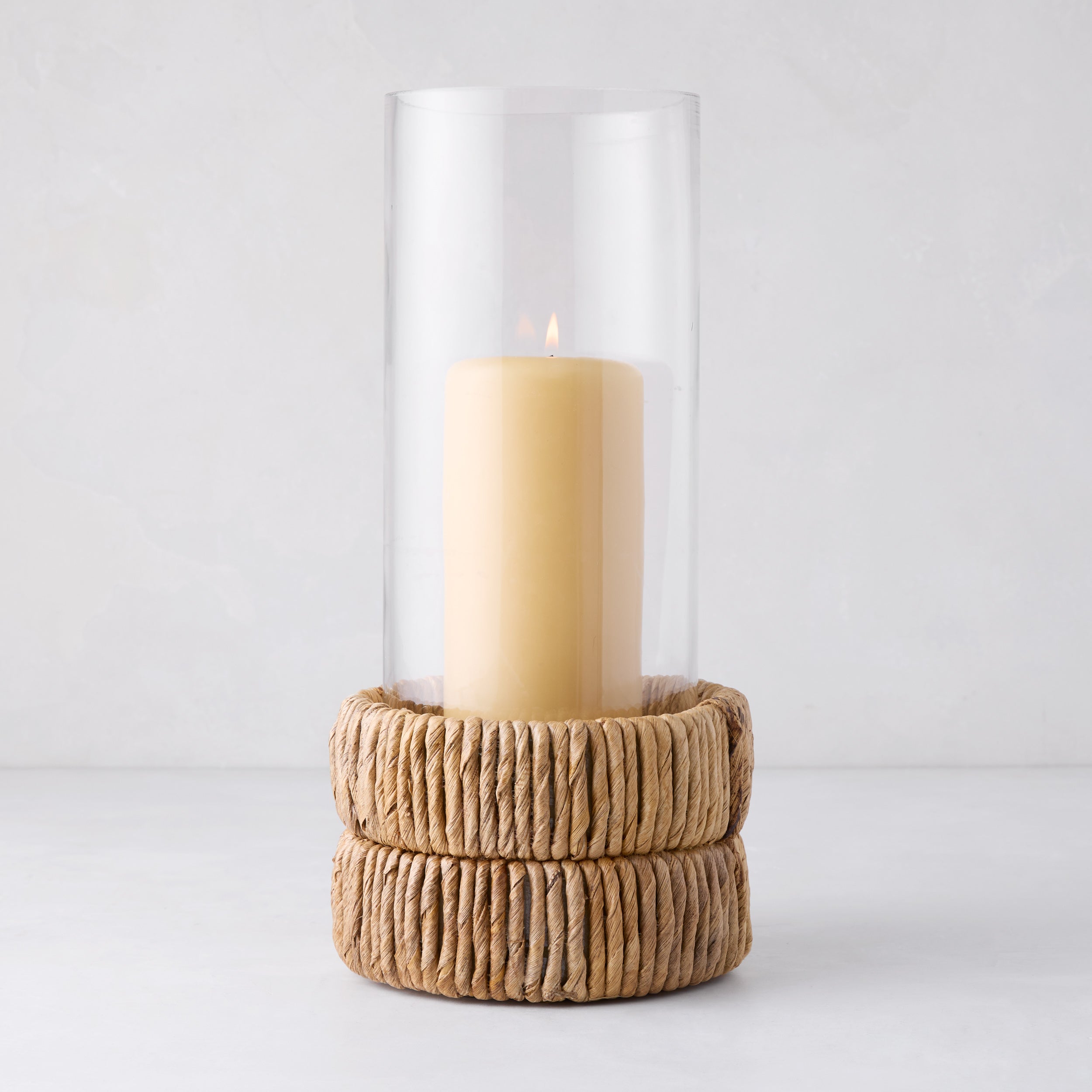 Small Glass Hurricane with Woven Banana Base - Hudson Grace