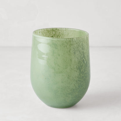 Handblown opaque green glass barrel vase, 5.3"H x 3.9"W, with a textured finish.