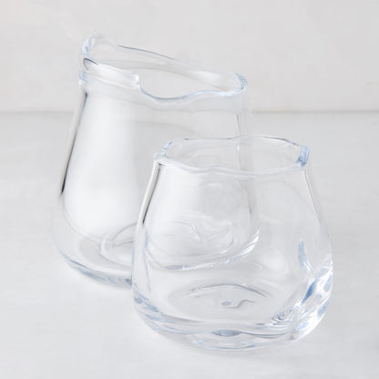 Small Mia Scissor-Cut Round Vase, clear mouth-blown glass with a unique wavy rim.