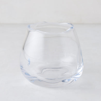Small Mia Scissor-Cut Round Vase, clear mouth-blown glass with a unique wavy rim.