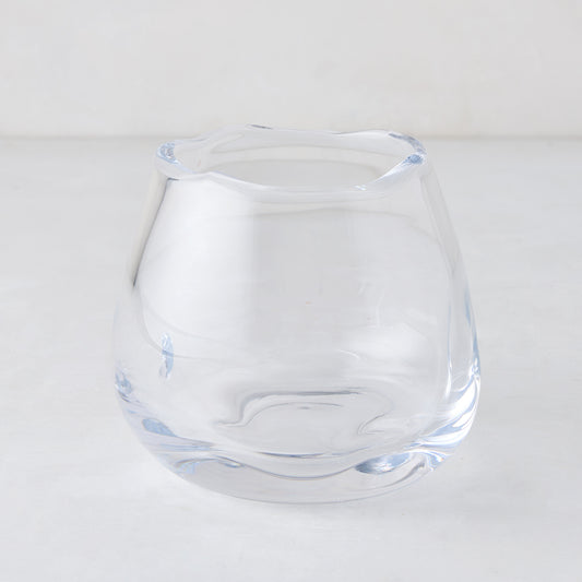 Small Mia Scissor-Cut Round Vase, clear mouth-blown glass with a unique wavy rim.