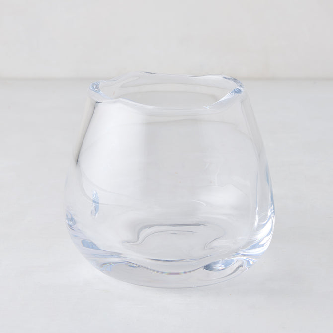 Small Mia Scissor-Cut Round Vase, clear mouth-blown glass with a unique wavy rim.