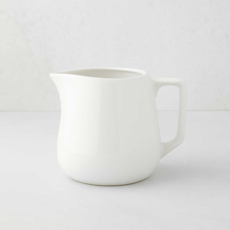 Small white ceramic milk pitcher with a simple, artisanal design.
