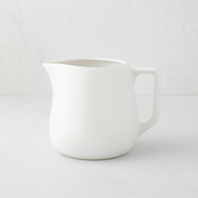Small white ceramic milk pitcher with a simple, artisanal design.