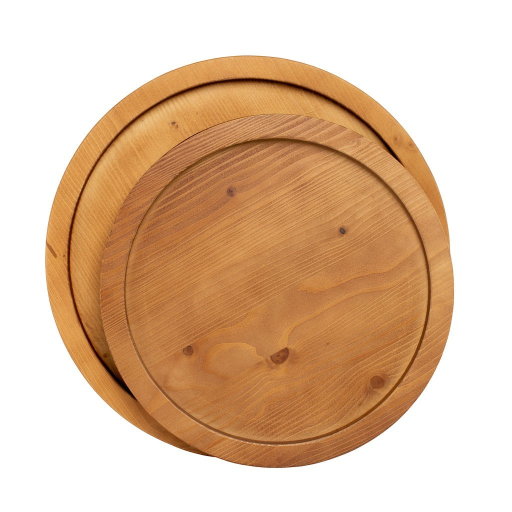 Small natural reclaimed pine wood serving tray with cutout handles and raised rim.