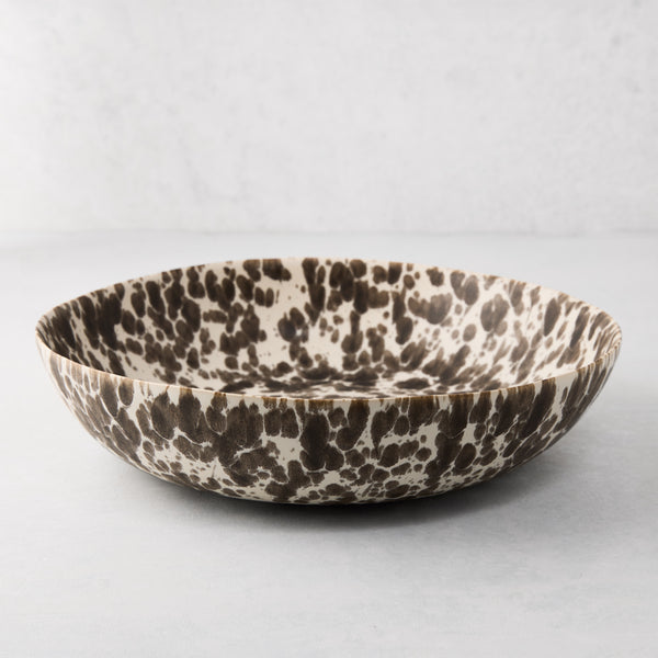Nuno Splatter stoneware serve bowl, 12"Dia, with brown spots on a pale cream base.