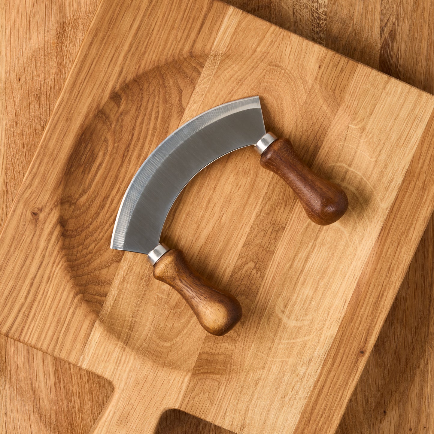Reclaimed oak wood cutting board bowl with mezzaluna blade, 13"L x 9.8"W.