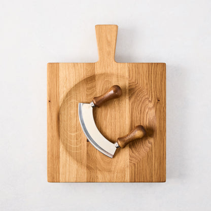 Small reclaimed oak wood cutting board bowl with mezzaluna blade, 13"L x 9.8"W.