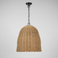 Small outdoor beehive pendant light with a natural rattan-like woven shade and black chain.