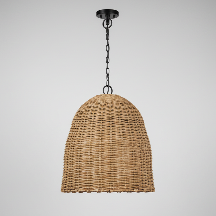 Small outdoor beehive pendant light with a natural rattan-like woven shade and black chain.