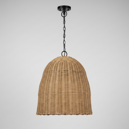 Small outdoor beehive pendant light with a natural rattan-like woven shade and black chain.