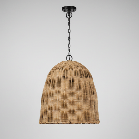 Small outdoor beehive pendant light with a natural rattan-like woven shade and black chain.