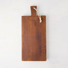 Small Saddle Wood Serving Plank, dark brown European pine, with a handle and rope hanger.