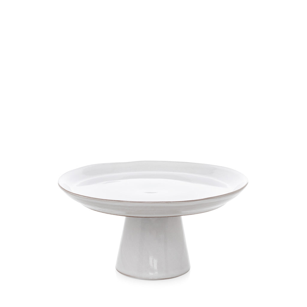 Small Stone Cake Stand, 8"Dia x 4"H, cool grey-white hand-glazed terracotta.