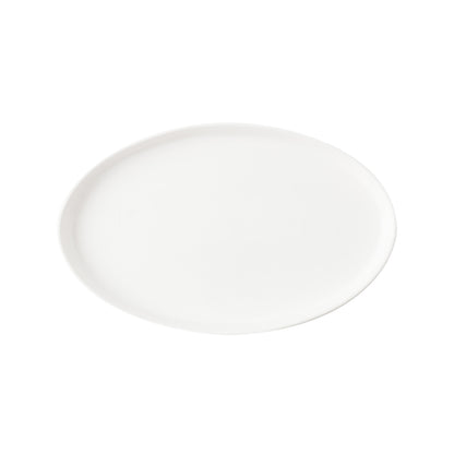 Small white oval stoneware nesting serving platter, 11.8-inch minimalist handmade dish for kitchen and dining.
