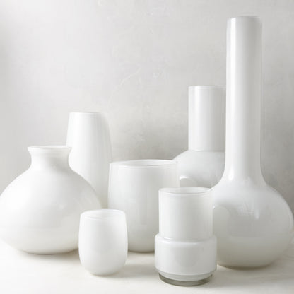 Small white barrel vase, handblown opaque glass, 5.3"H x 3.9"W.