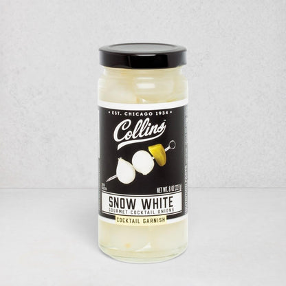 Collins Snow White Gourmet Cocktail Onions, 8 oz. jar with black lid and label.