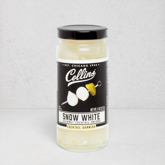 Collins Snow White Gourmet Cocktail Onions, 8 oz. jar with black lid and label.