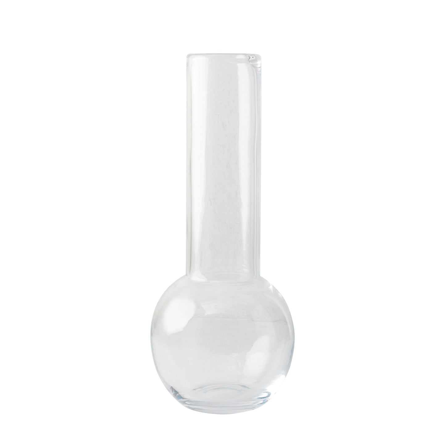 Sofia Glass Vase, 17.5"H, clear mouth-blown glass with a round base and tall, slender neck.