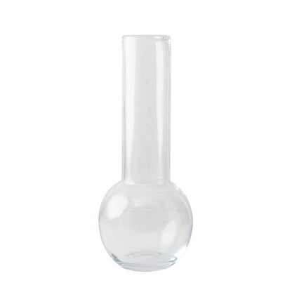 Sofia Glass Vase, 17.5"H, clear mouth-blown glass with a round base and tall, slender neck.