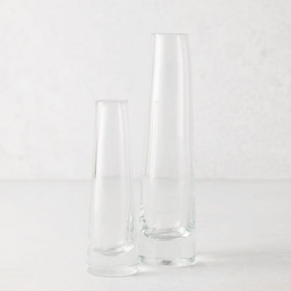 Two clear Solifleur mouth-blown glass bud vases, one large (8.27"H) and one small, on a white surface.