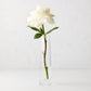 Solifleur Large clear mouth-blown glass bud vase with a single white rose.