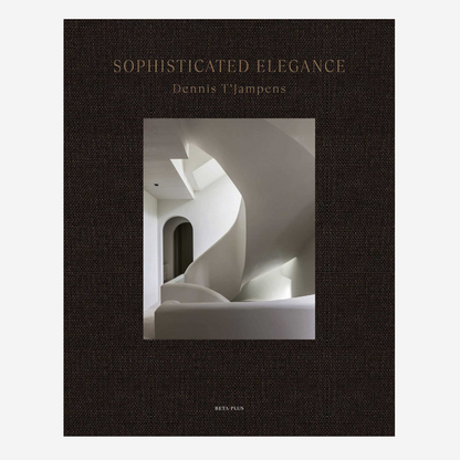Sophisticated Elegance" hardcover book, dark brown textured cover with gold text, featuring a white spiral staircase image.