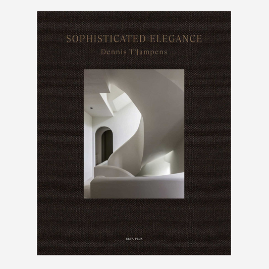Sophisticated Elegance" hardcover book, dark brown textured cover with gold text, featuring a white spiral staircase image.